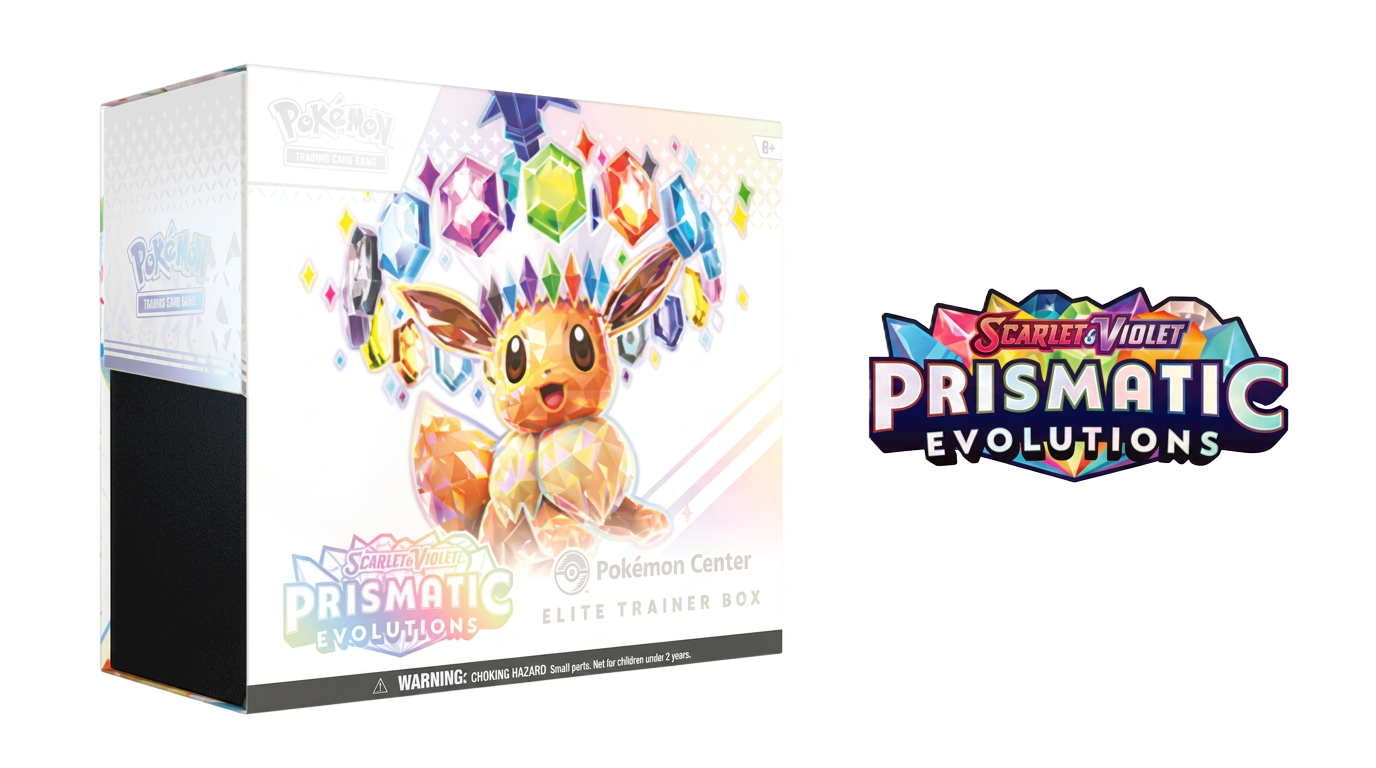 Sealed Pokémon TCG: Scarlet & Violet—Prismatic Evolutions Pokémon Center Elite Trainer Box with the Scarlet & Violet Prismatic Evolutions logo